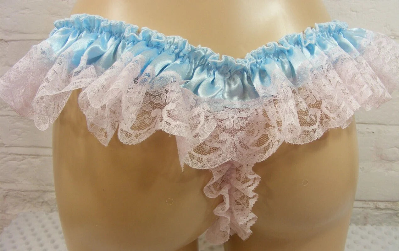 Adult Giant Baby Girl Blue Thin Satin Sissy Dress Thong