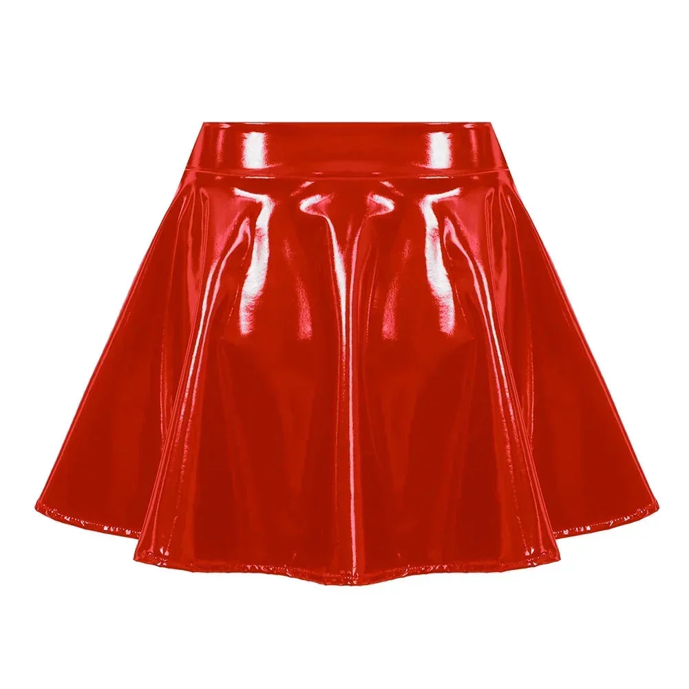 Glossy Short Pleated Skirts Patent Leather Miniskirt
