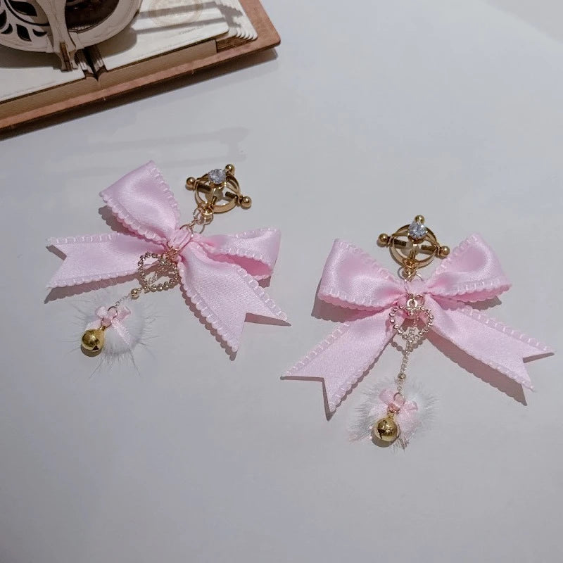 Pink Bow Nipple Clips Heart-Shaped Gemstone Collar Leash Set with Body Chain