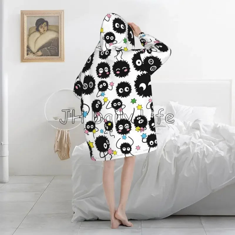 Blanket Hoodie Cute Soot Sprites Oversized Sweatshirts Blanket Warm Cozy Flannel Fleece Sherpa Blankets with Pockets