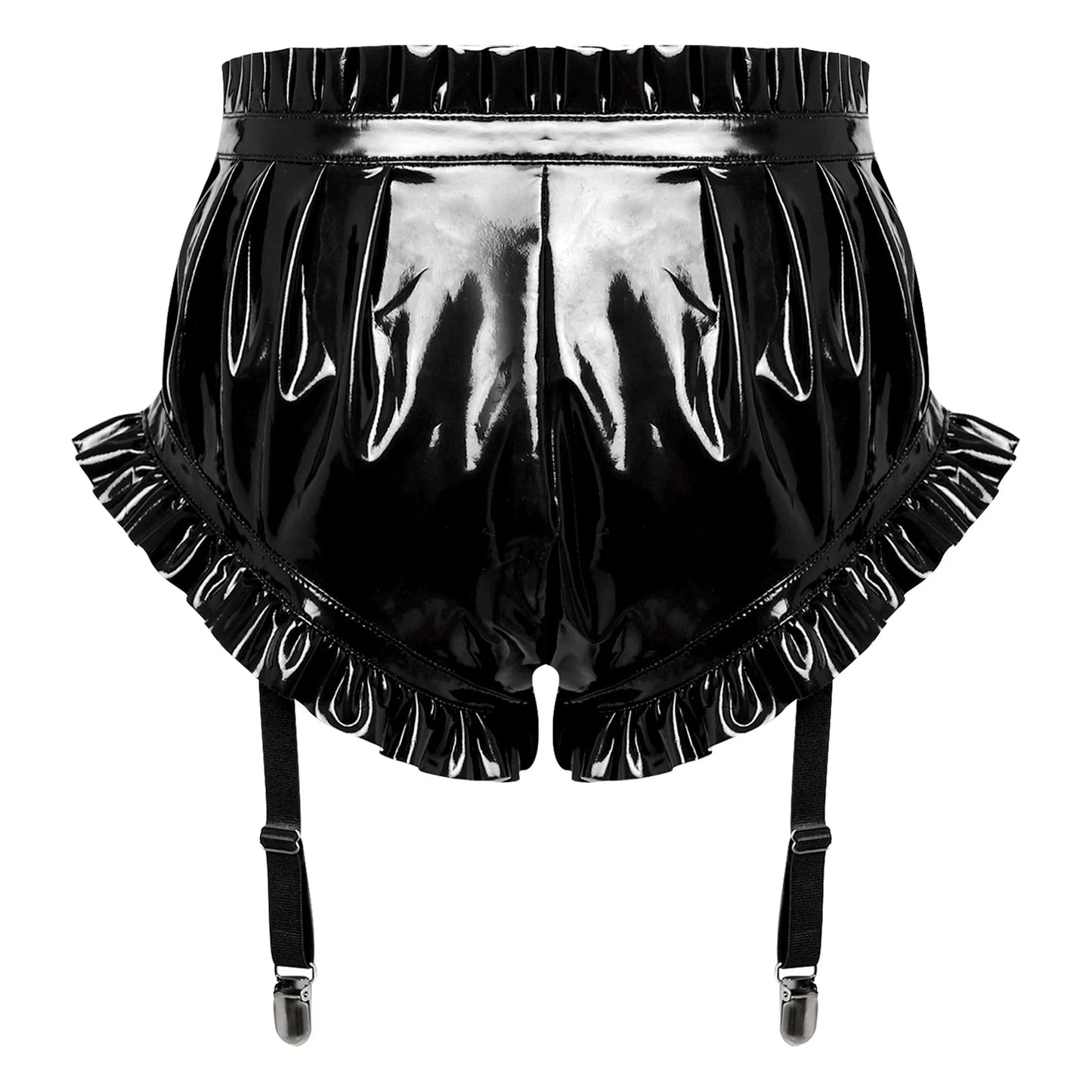 Unisex Wet Look PU Leather Boxer Shorts Hot Pants Ruffled Trim Shorts with Garter Clips