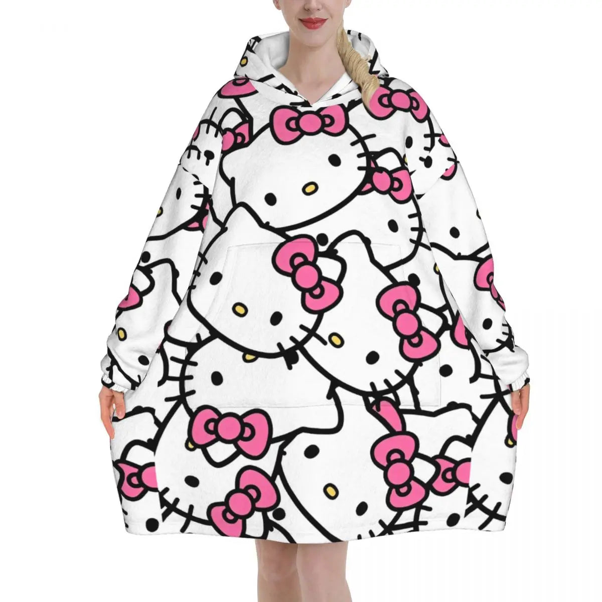 Hello Kitty Cartoon Blanket Hoodie Wearable Blanket Large with Pocket Warm Sleeping Bag Soft Cozy Onesie