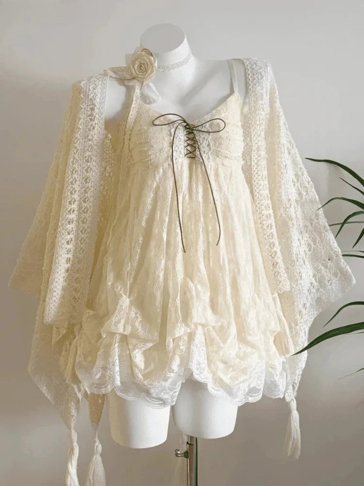 Vintage Women Sets Elegant Ruffle Lace Chiffon Design Mini Skirt  Fashion Outfit