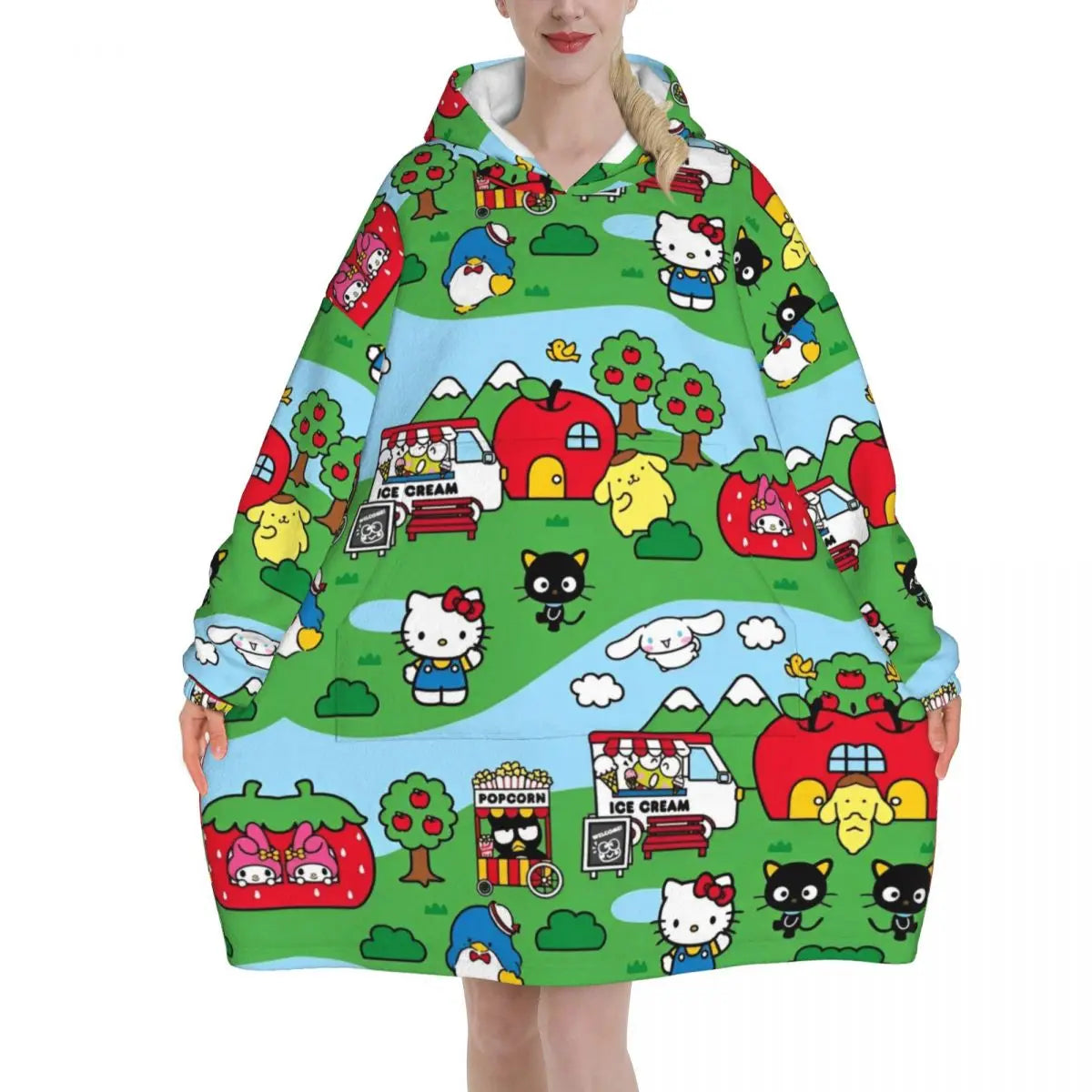 Hello Kitty Cartoon Blanket Hoodie Wearable Blanket Large with Pocket Warm Sleeping Bag Soft Cozy Onesie