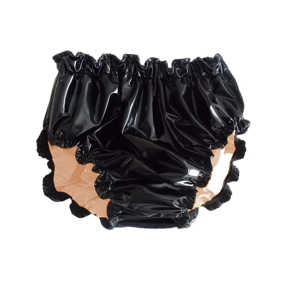 Shiny PVC Leather Panties Double Layer Splicing Briefs Glossy Waterproof
