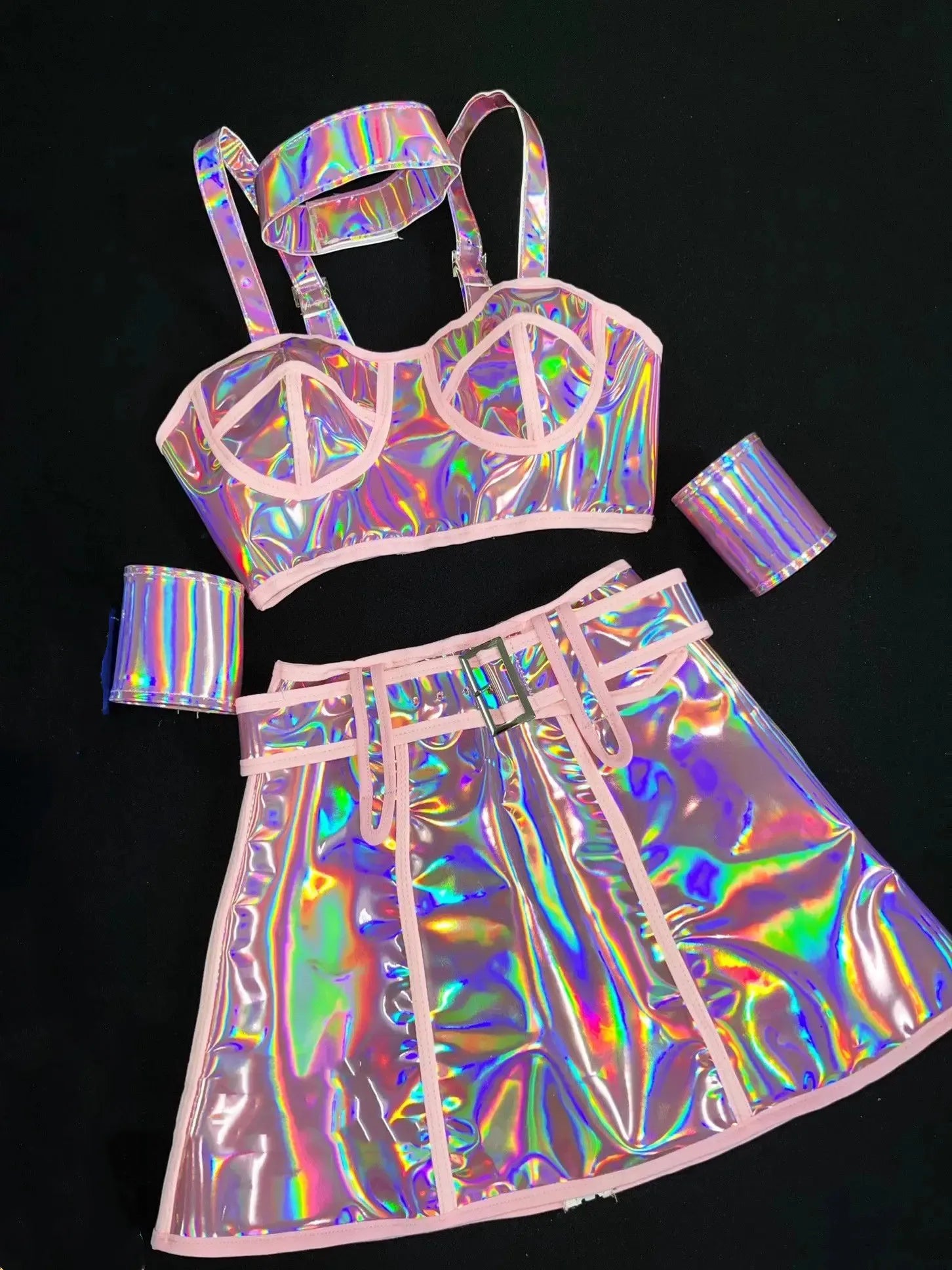 Holographic outfit with top and skirt on a black background