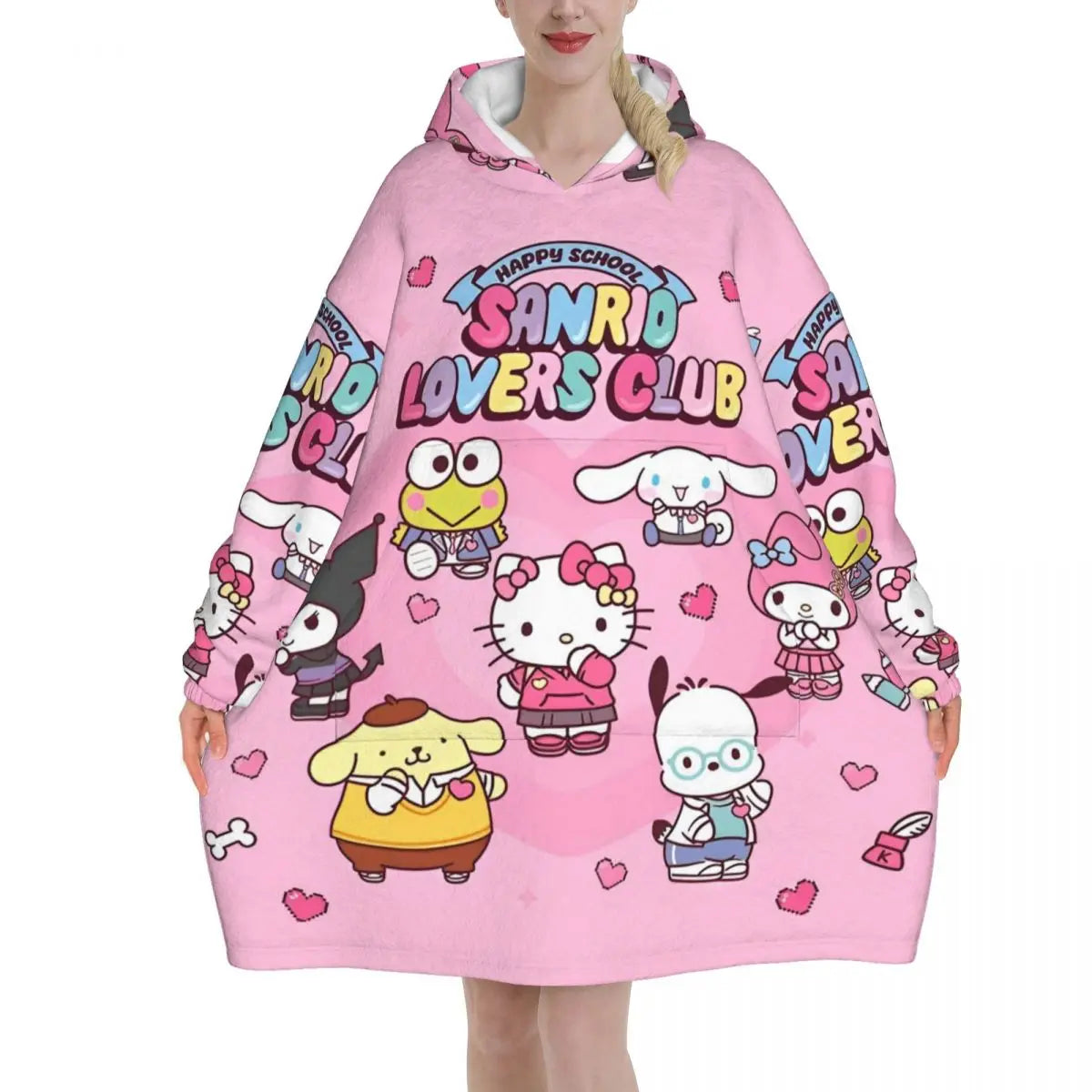 My Melody And Kuromi Blanket Hoodie Wearable Cute Cartoon Blanket Large with Pocket Warm Onesie