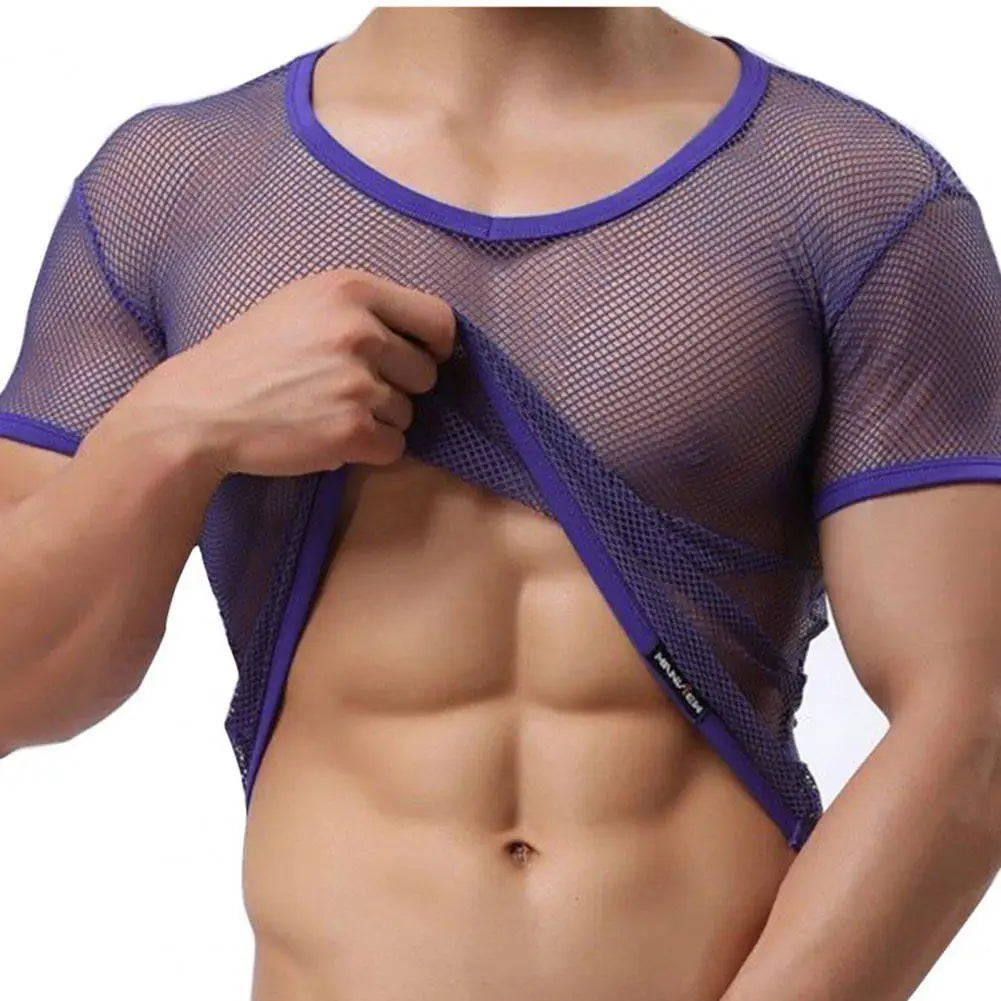 Men Mesh T Shirt Transparent Sexy Men See Through Fashion T-shirt Men Slim Fit Shiny Sexy T Shirt Party Nightclub Blouse Tops