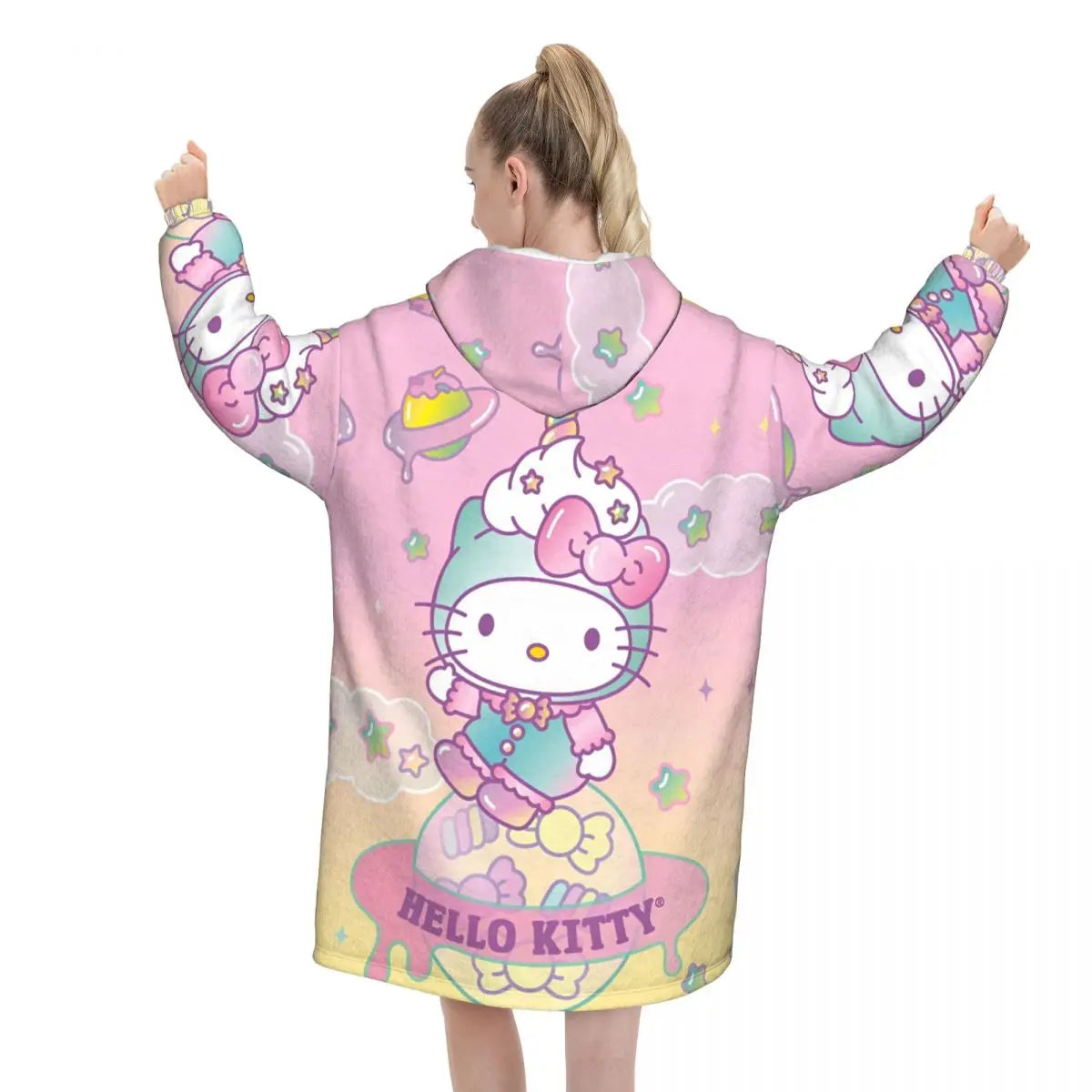 Hello Kitty Cartoon Blanket Hoodie Wearable Blanket Large with Pocket Warm Sleeping Bag Soft Cozy Onesie