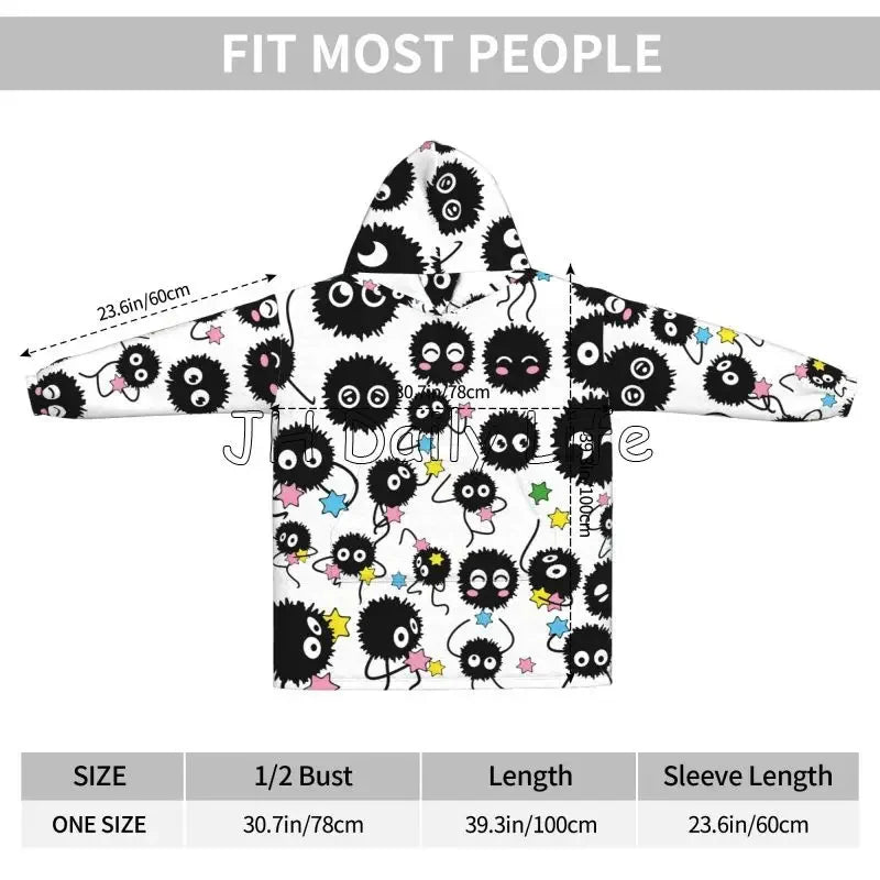 Blanket Hoodie Cute Soot Sprites Oversized Sweatshirts Blanket Warm Cozy Flannel Fleece Sherpa Blankets with Pockets