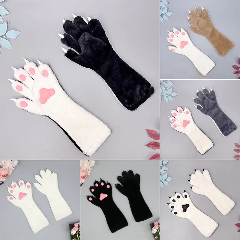 Faux Fur Animal Paw Gloves Cat Bear Fox Wolf