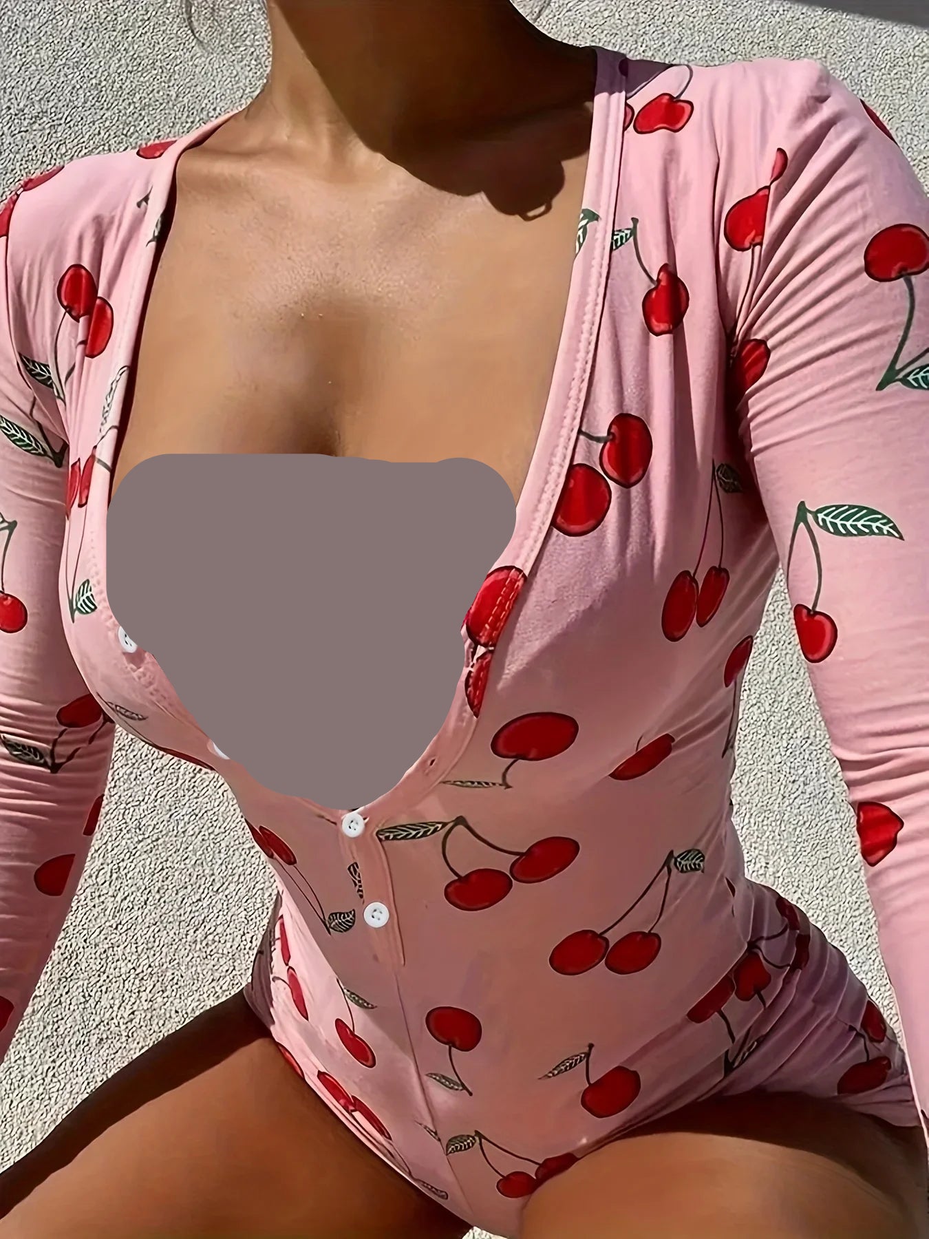 Casual Cherry Print V-neck Front Button Long Sleeve Onesies/ Bodysuit