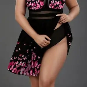 Plus Size Women's Black Blueor Black Pink Butterfly Print V Neck Mesh Panel A Line Beach Party Sundress