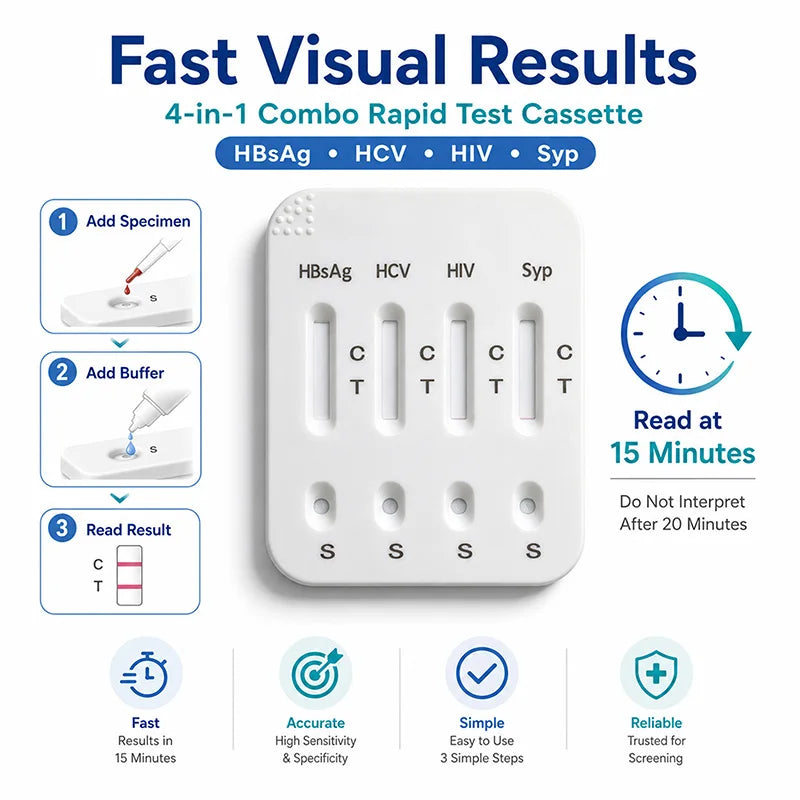 4-in-1 Infectious Disease Screening Test Kit, HBsAg HCV HIV 1/2 Syphilis Combo Rapid Test Cassette Antibody Diagnostic Reagent