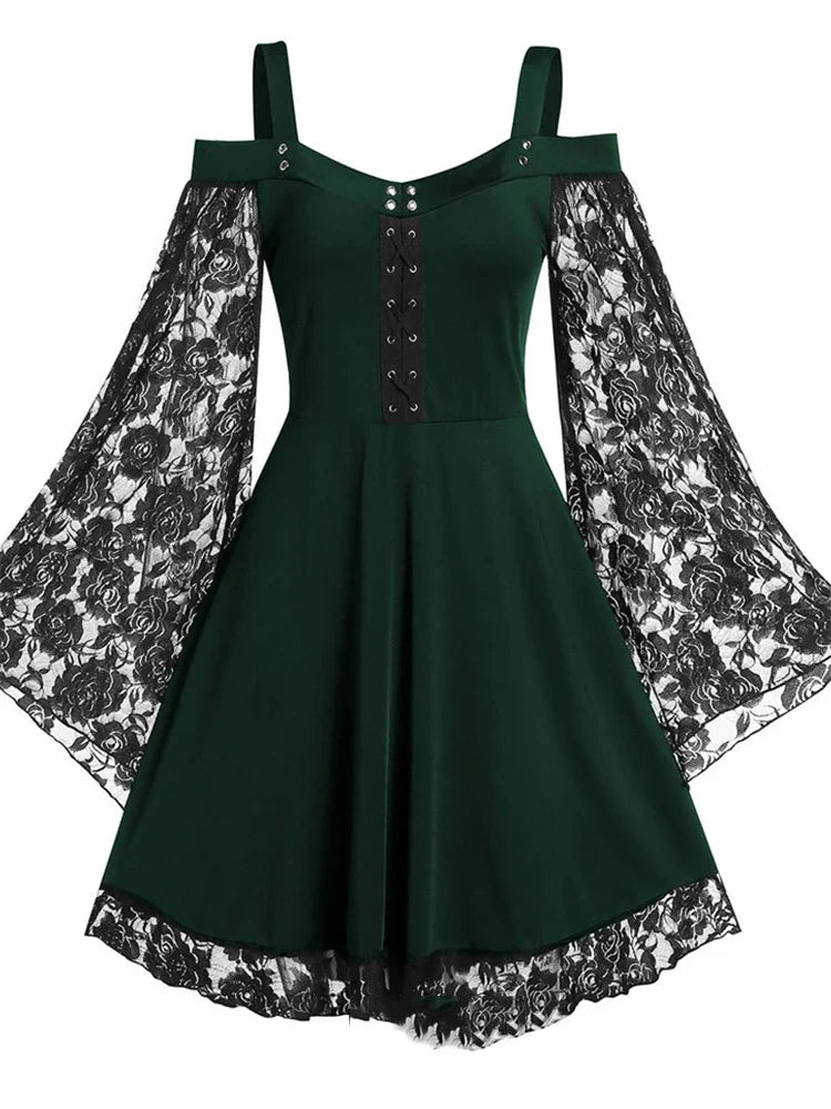 New Gothic One-shoulder Lace Vintage Look Stitching Flared Sleeve Dress