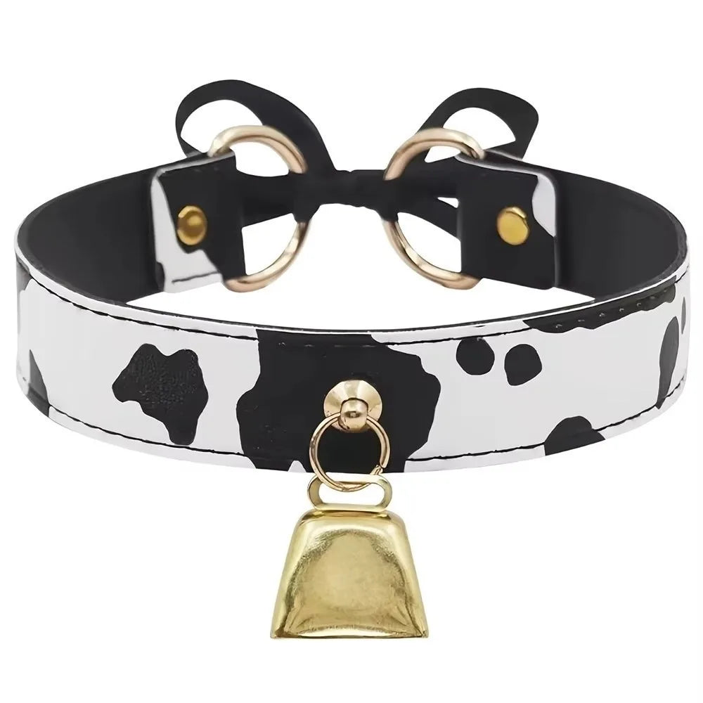 Cow Print Leather Choker Adjustable Bell Collar