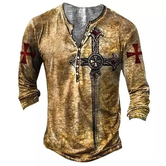 Vintage V Neck Henley 3D Cross Long Sword Long Sleeve Men's T Shirt Oversized