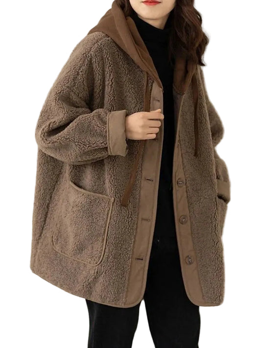 Brown fleece coat worn by a person on a neutral background