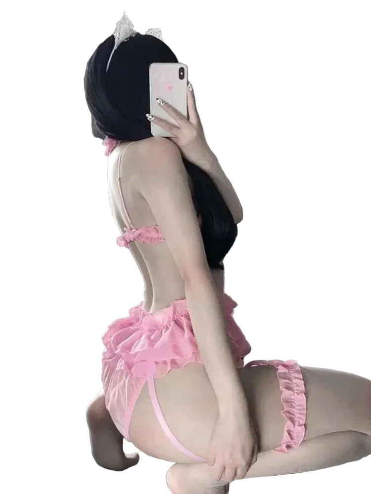 Kawaii Pink/Black or White Bra Panties with Garter Belt