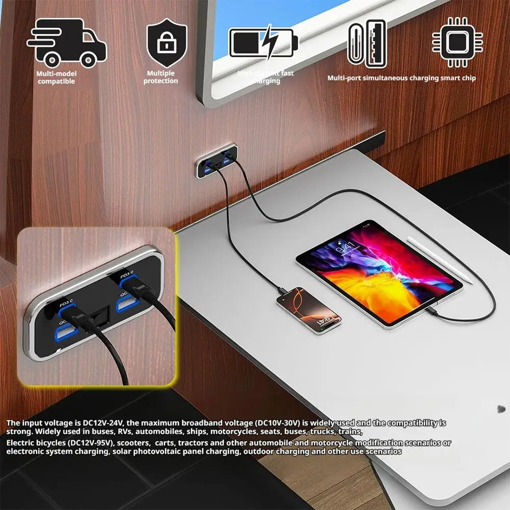Car Charger Dual USB Type-C 4 Ports Quick Charging Socket