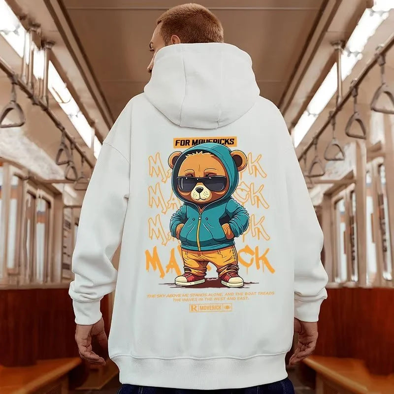 M-8XL American Style Street American Little Bear Print Oversized Hooded Sweater