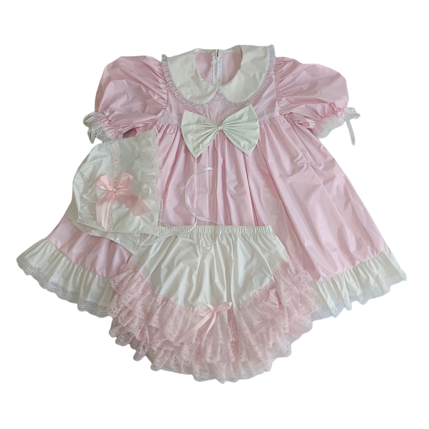 Pink PVC Dress with Matching Bonnet and Bloomers Set