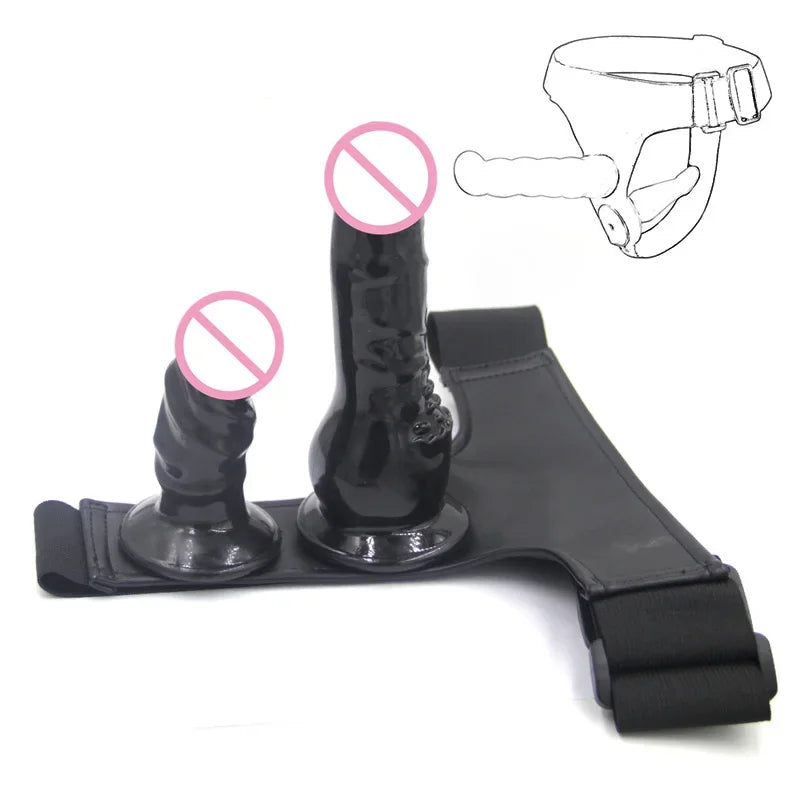 Adjustable Leather Strap On Harness with Realistic Suction Cup Dildo