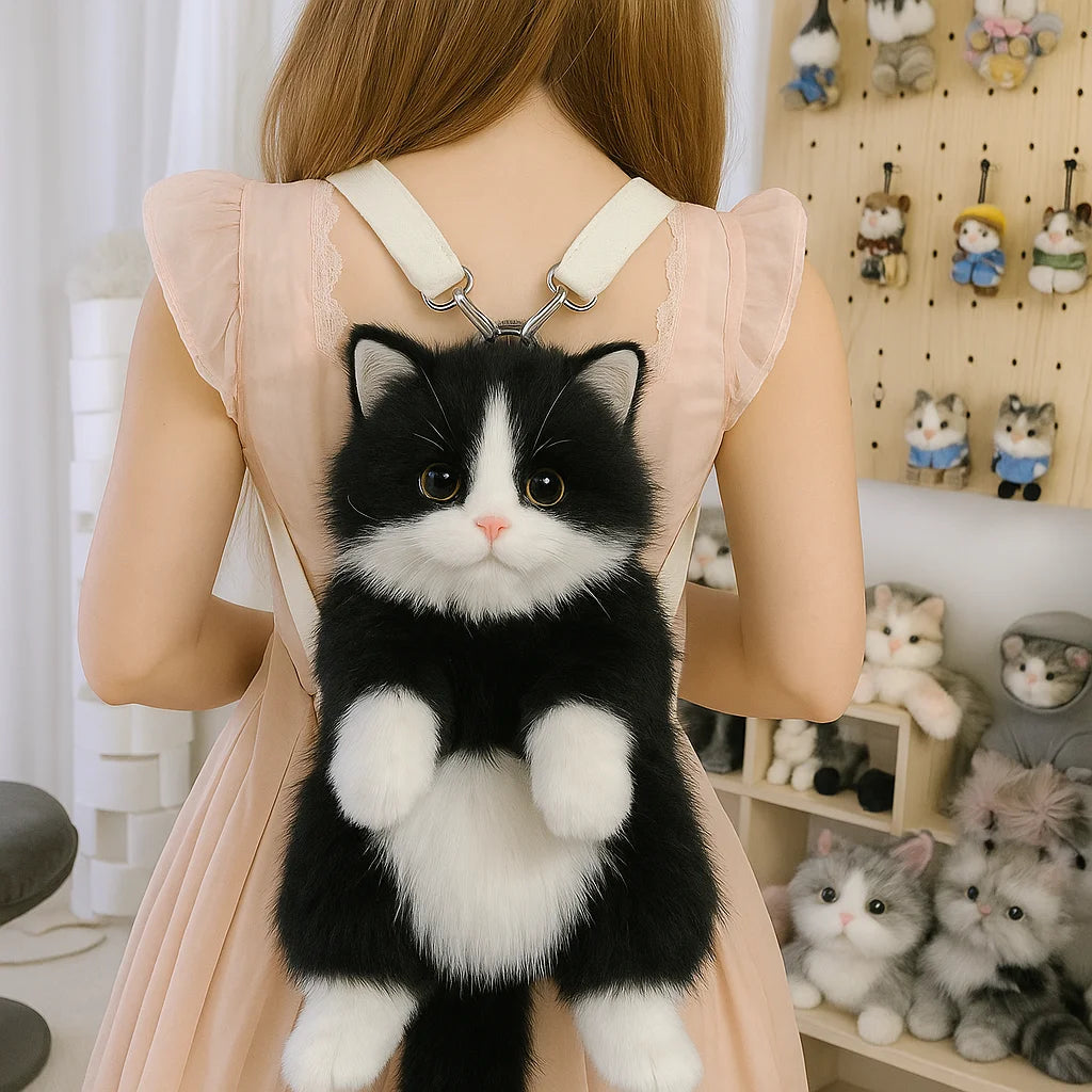 Girls Cute Cat Backpack, Kawaii Plush Bag, Soft Animal Crossbody Bag