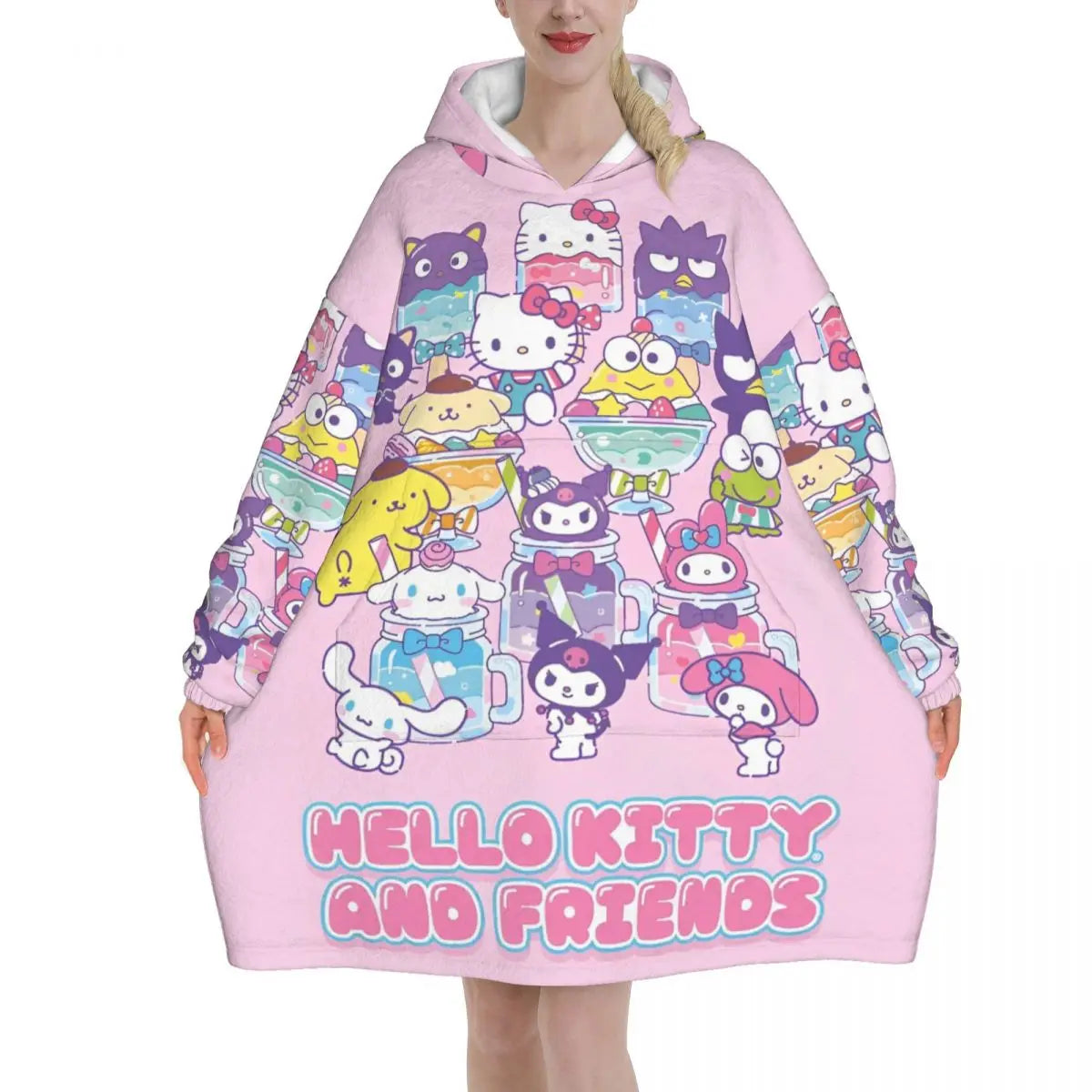 My Melody And Kuromi Blanket Hoodie Wearable Cute Cartoon Blanket Large with Pocket Warm Onesie