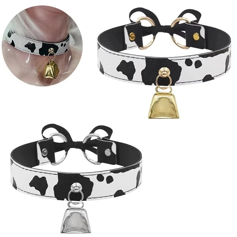 Cow Print Leather Choker Adjustable Bell Collar