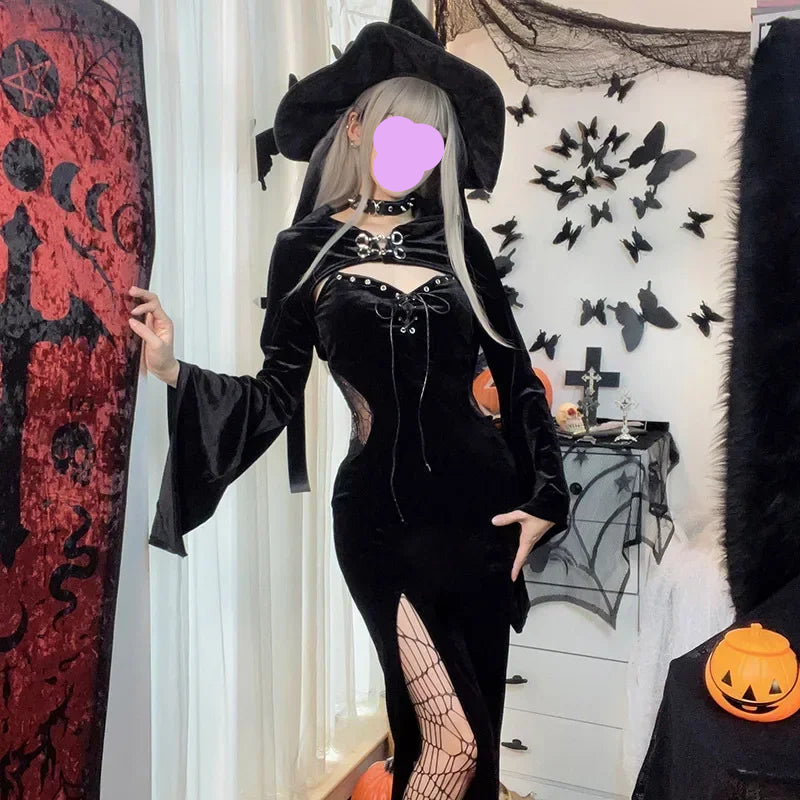 Gothic Long Dress With Hat and See Through Velvet Lace Cutout High Slit Long Sleeve