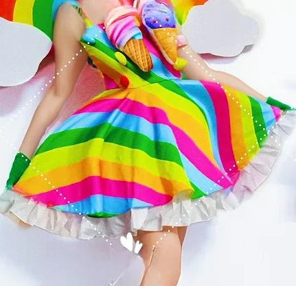 Cute Candy Rainbow Striped Puff Skirt+ Gloves Parade Costume