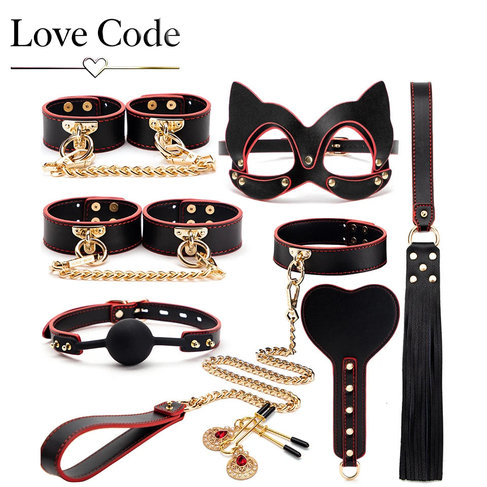 Genuine Leather BDSM Bondage Kits Sex Toys for Couples Handcuff Ankle Cuffs Collar Gag Hogtie Restraints SM Set Adult Love Games