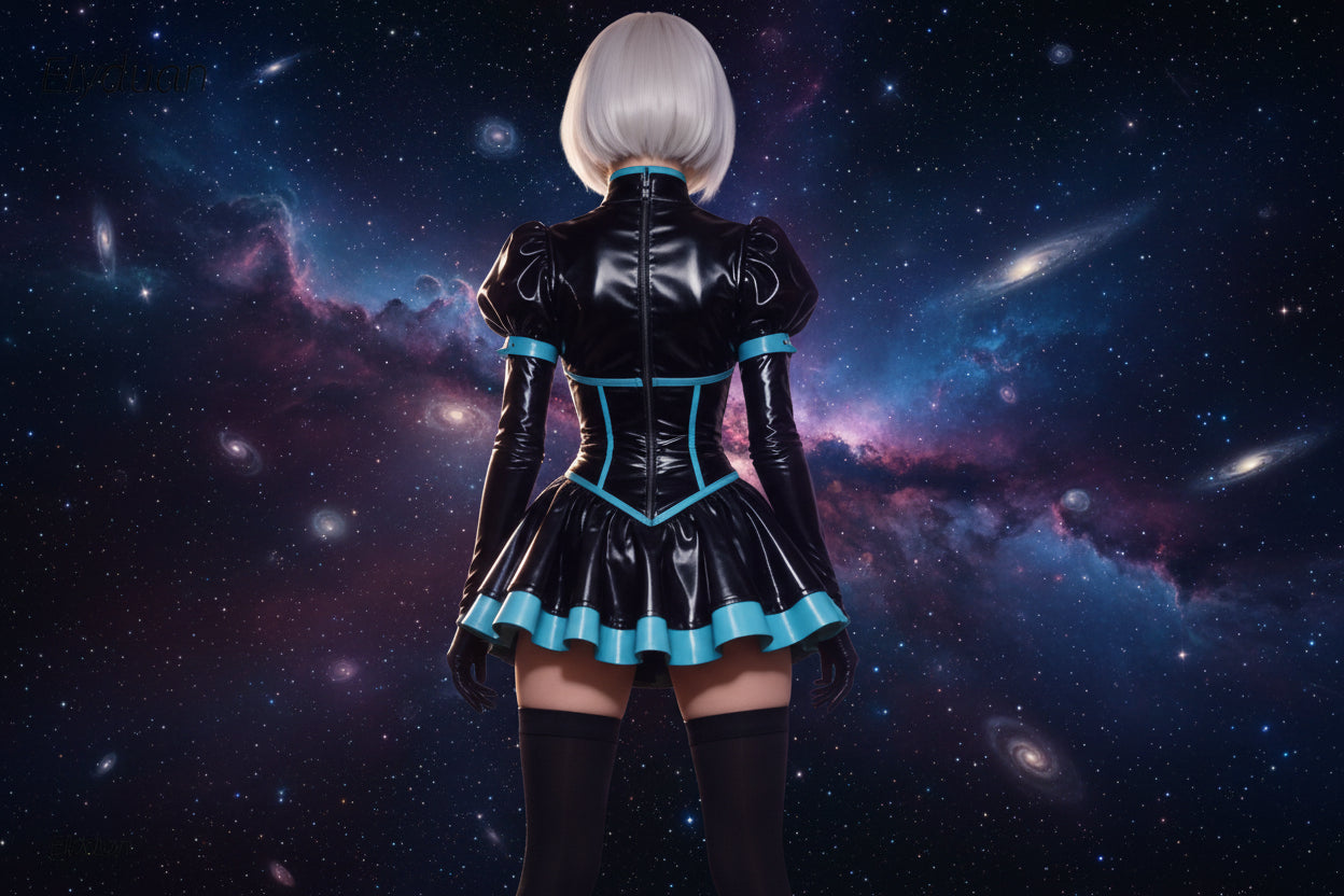 Mini Short Anime Cosplay Party Prom Dress Puff Sleeves Ruffles Black PVC