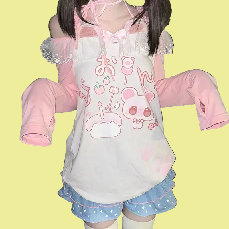 Kawaii arcane Anime Printed T-shirt Autumn New Subculture Pink Long-sleeved T Shirt Halter Design Sense