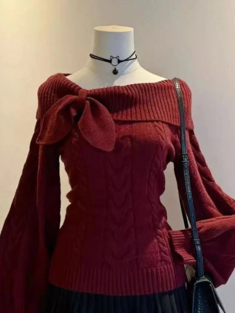 Sweet Hot Bow Off-Shoulder Sweater Elegant Fashion Knitted Tops