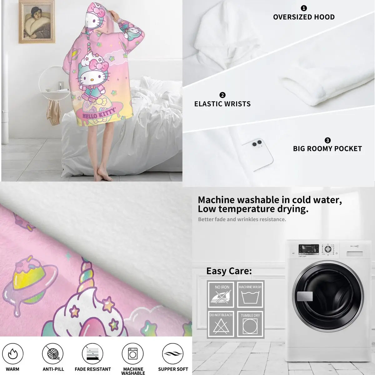 Hello Kitty Cartoon Blanket Hoodie Wearable Blanket Large with Pocket Warm Sleeping Bag Soft Cozy Onesie