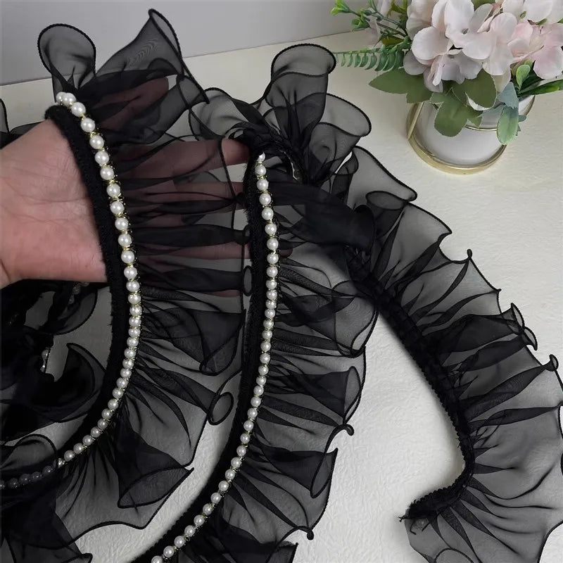 8cm wide black and white organza nail bead ruffle lace DIY banquet president's dress skirt collar edge sewing accessories supply