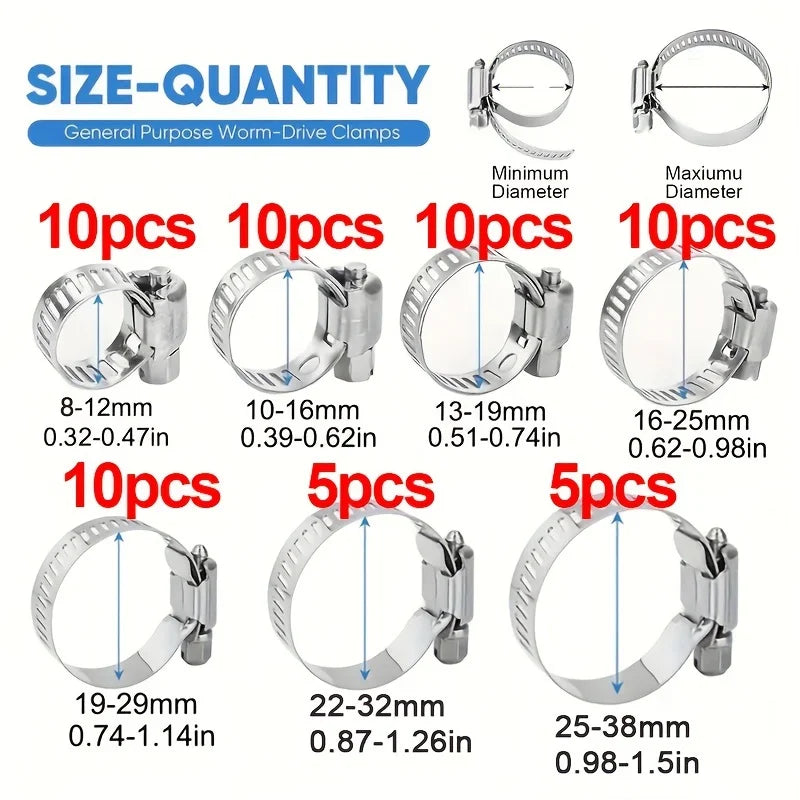 Hose Clamps Set Stainless Steel Adjustable Worm Gear Clamp Assorted Sizes