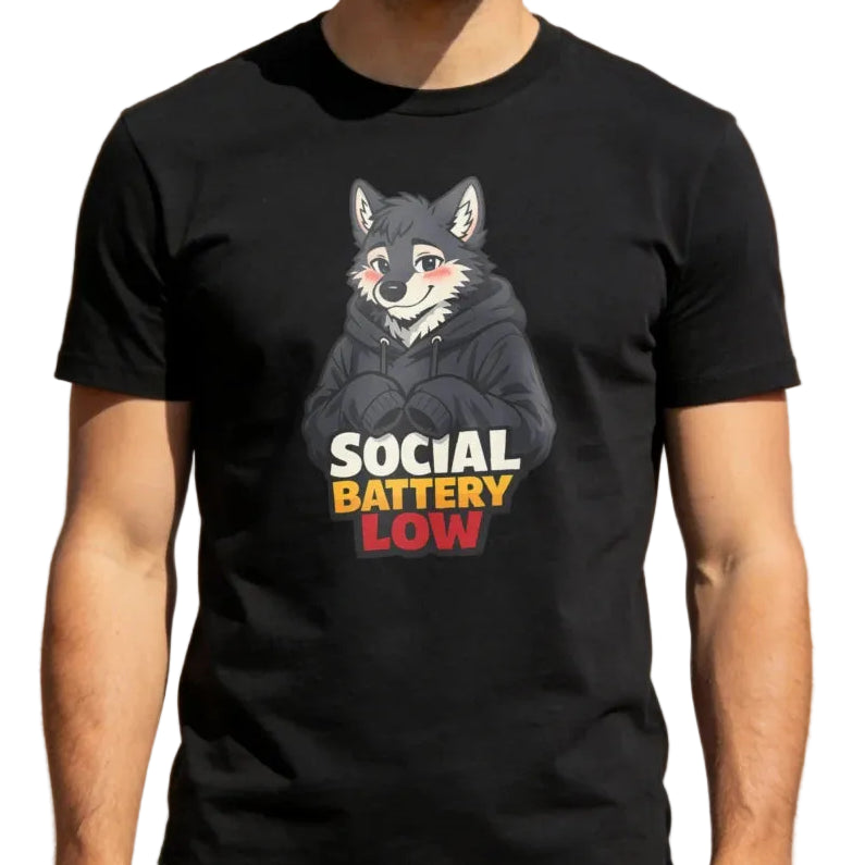 Person wearing a black t-shirt with a graphic of a wolf and text 'SOCIAL BATTERY LOW' against a brick wall background.