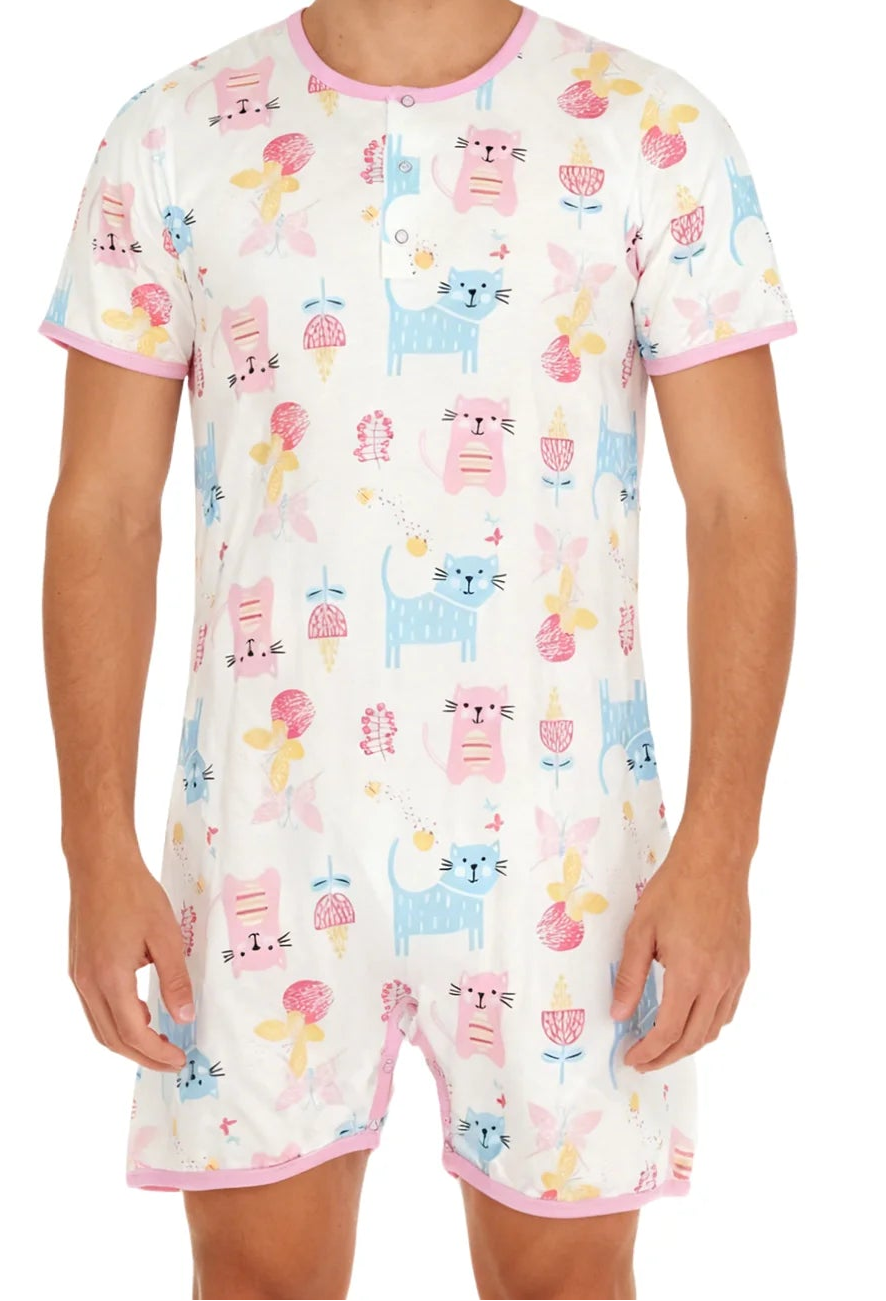 Pink Cat Bodysuit with Short Leg for Adults Onesie ABDL Clothes