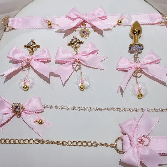 Pink Bow Nipple Clips Heart-Shaped Gemstone Collar Leash Set with Body Chain