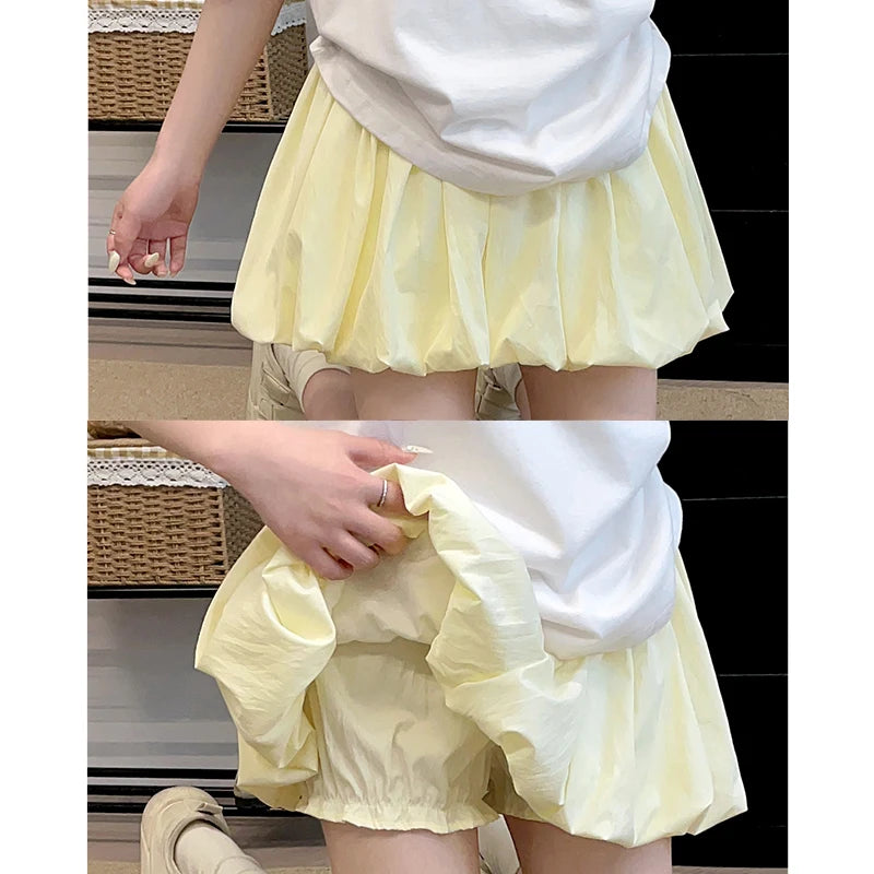 Women's Mini Skirt High Waist A-Line Skirt with Built-in Shorts for Petite, Pleated Puff Hem