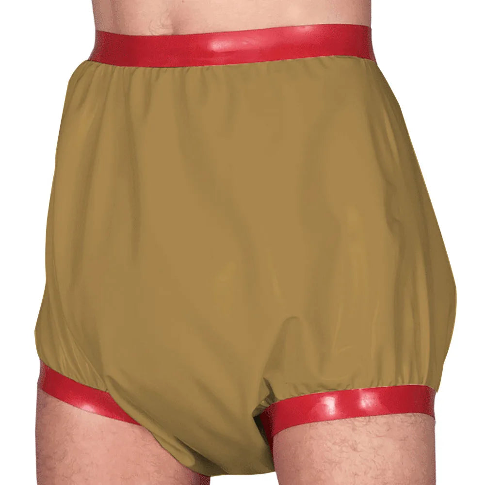 Adult Baby High Waisted Diaper Pants Wet look PVC Leather Patchwork Wide Thigh Shorts