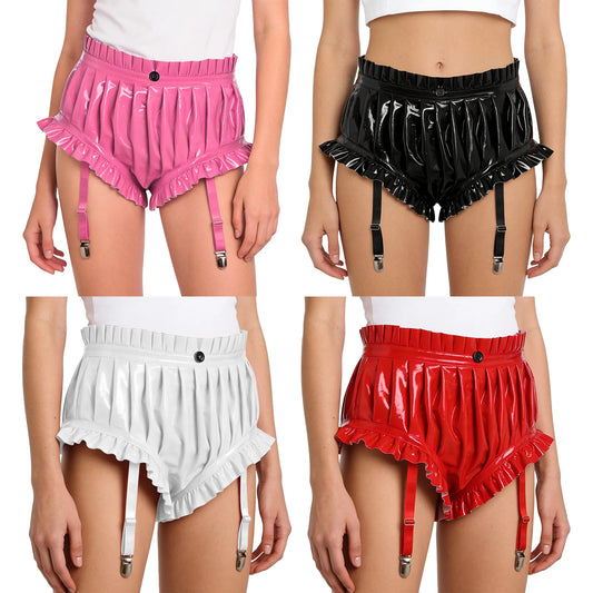 Unisex Wet Look PU Leather Boxer Shorts Hot Pants Ruffled Trim Shorts with Garter Clips