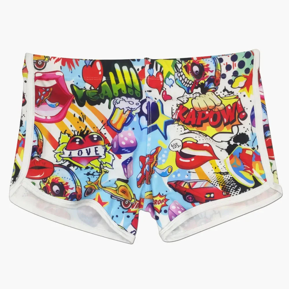 Colorful cartoon shorts with various graphics on a white background