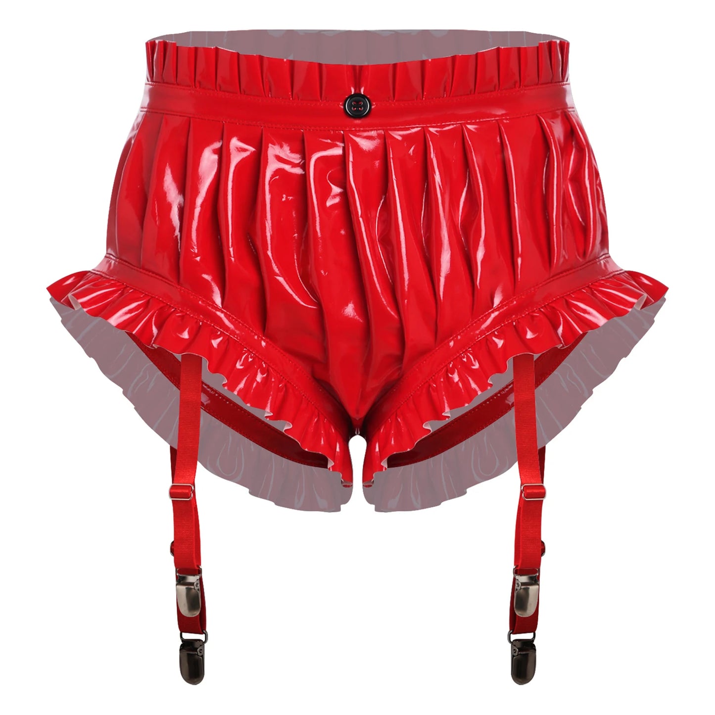 Unisex Wet Look Lingerie Latex Shorts Patent Leather Ruffle Trim with Garter Clips