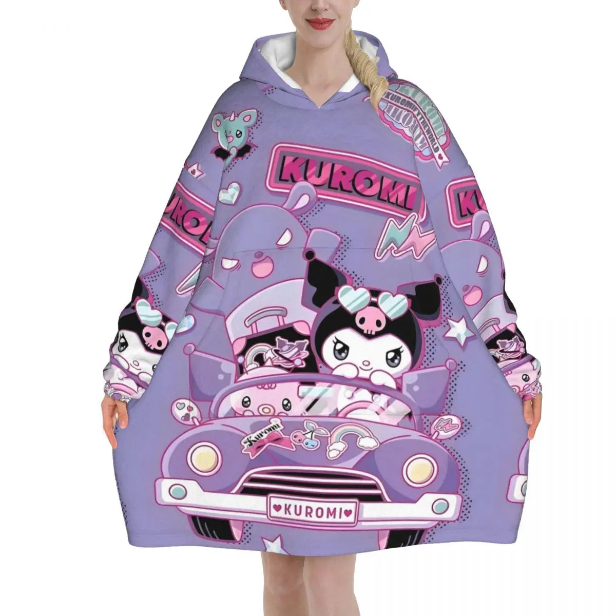 My Melody And Kuromi Blanket Hoodie Wearable Cute Cartoon Blanket Large with Pocket Warm Onesie