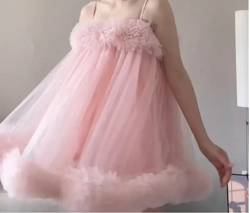 Women Spaghetti Strap Tulle Mini Dress Ruffle Fluffy Princess Ball Gown Sweet Party Evening Dress S XXL