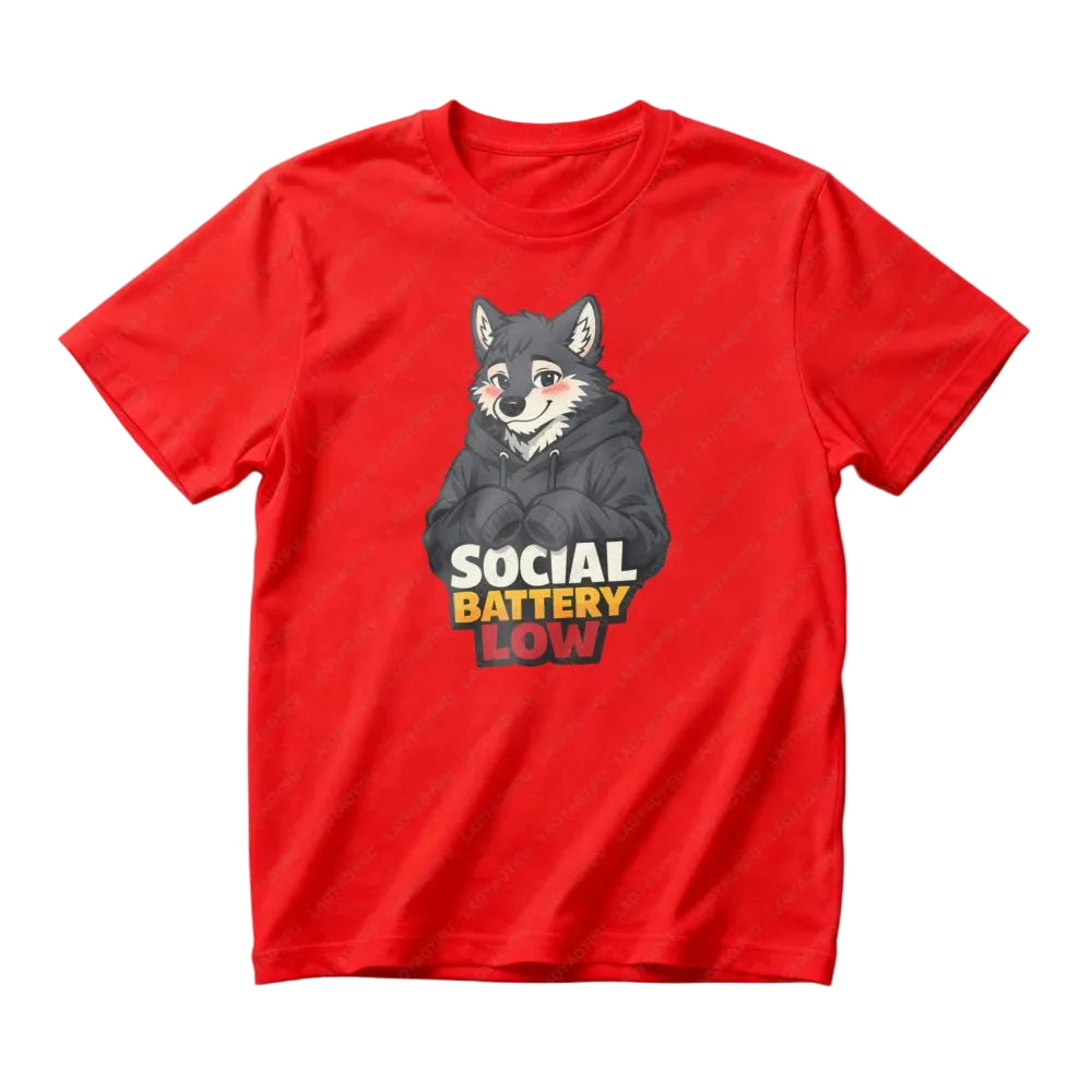 SOCIAL BATTERY LOW Shy Wolf Furry Shirt Cartoon Graphic Printed Tee